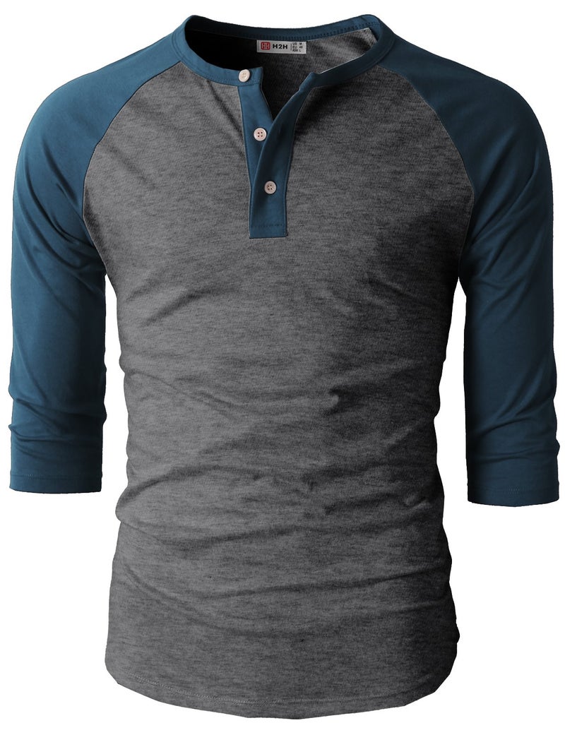 H2H Men's Slim Fit Casual Raglan 3/4 Sleeve Henley Baseball Jersey Knit T Shirt CHARCOALBLUE US L/Asia XL (CMTTS0174) - Image 1